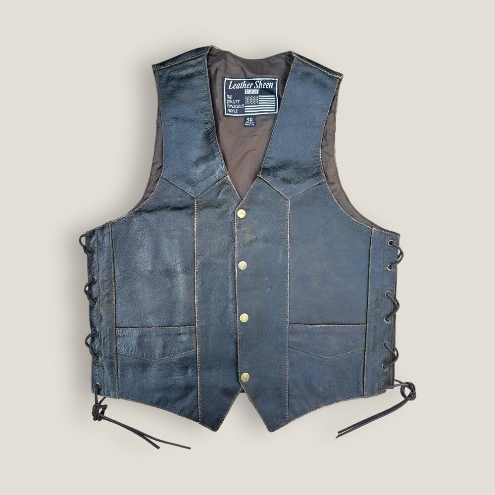 Leather Sheen USA Men’s Vintage Brown Leather Motorcycle Vest Size: 40